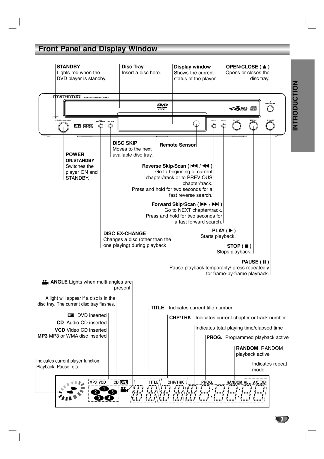 Marantz VC4400 manual Front Panel and Display Window, Disc Tray Display window, Remote Sensor, Play 