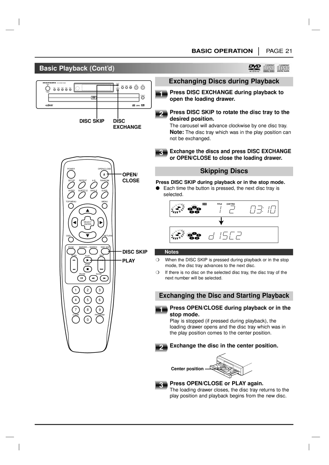 Marantz VC5200 manual Exchanging Discs during Playback, Skipping Discs, Exchanging the Disc and Starting Playback 