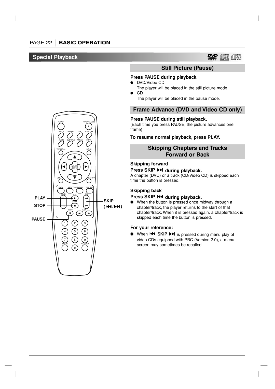 Marantz VC5200 manual Special Playback, Still Picture Pause, Frame Advance DVD and Video CD only 