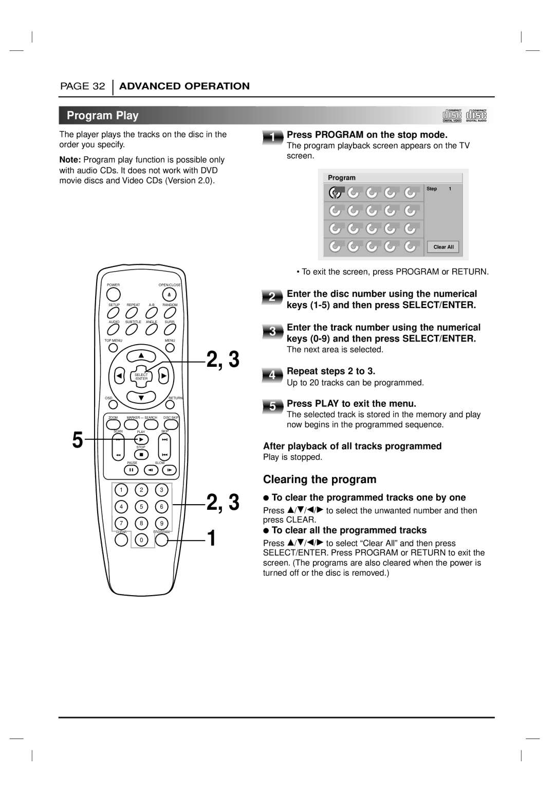 Marantz VC5200 manual Program Play, Clearing the program 