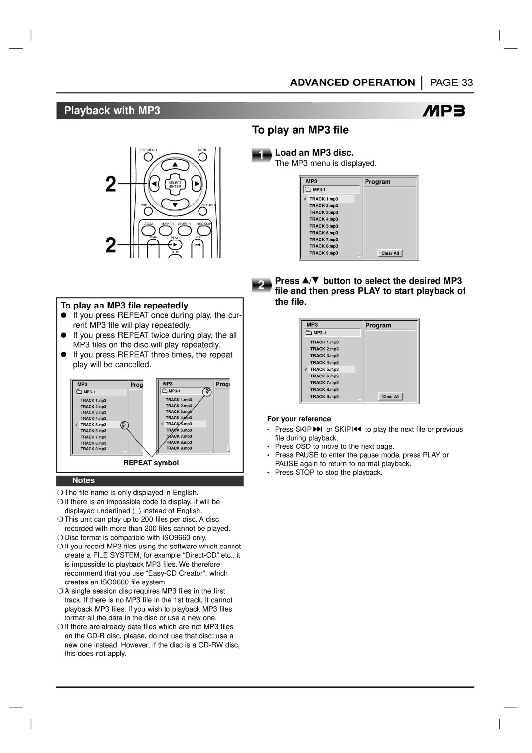 Marantz VC5200 manual Playback with MP3 To play an MP3 file, Load an MP3 disc, Press D/ E button to select the desired MP3 