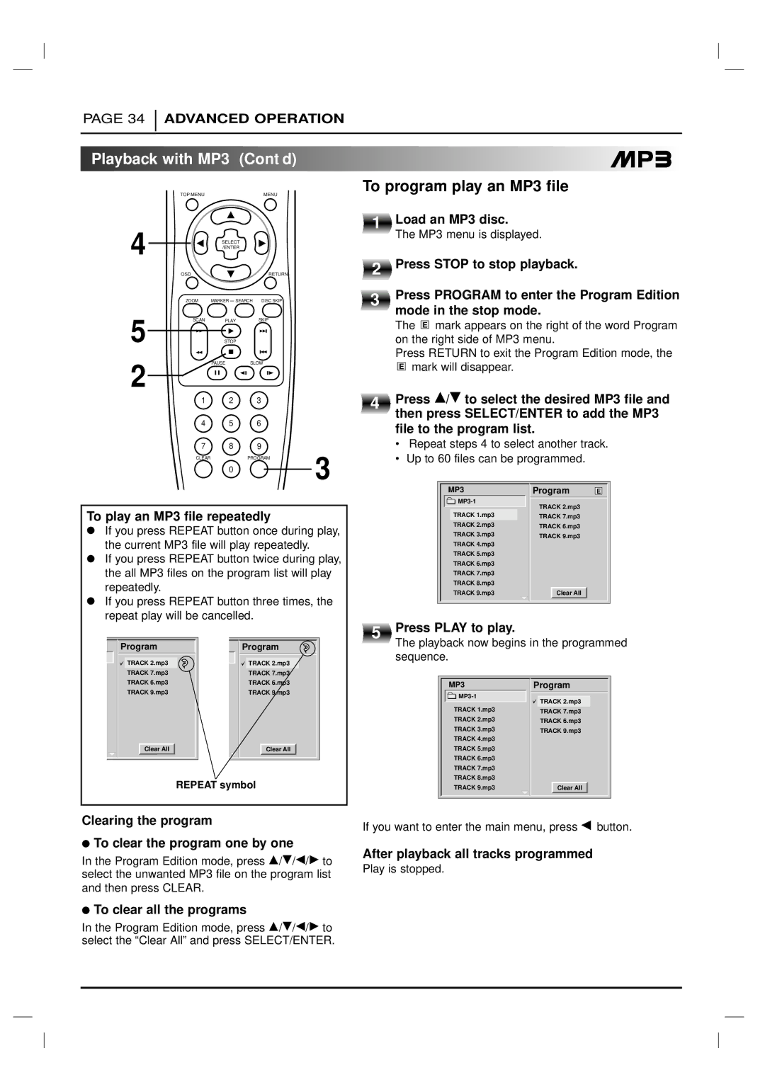 Marantz VC5200 manual Playback with MP3 Cont’d To program play an MP3 file 