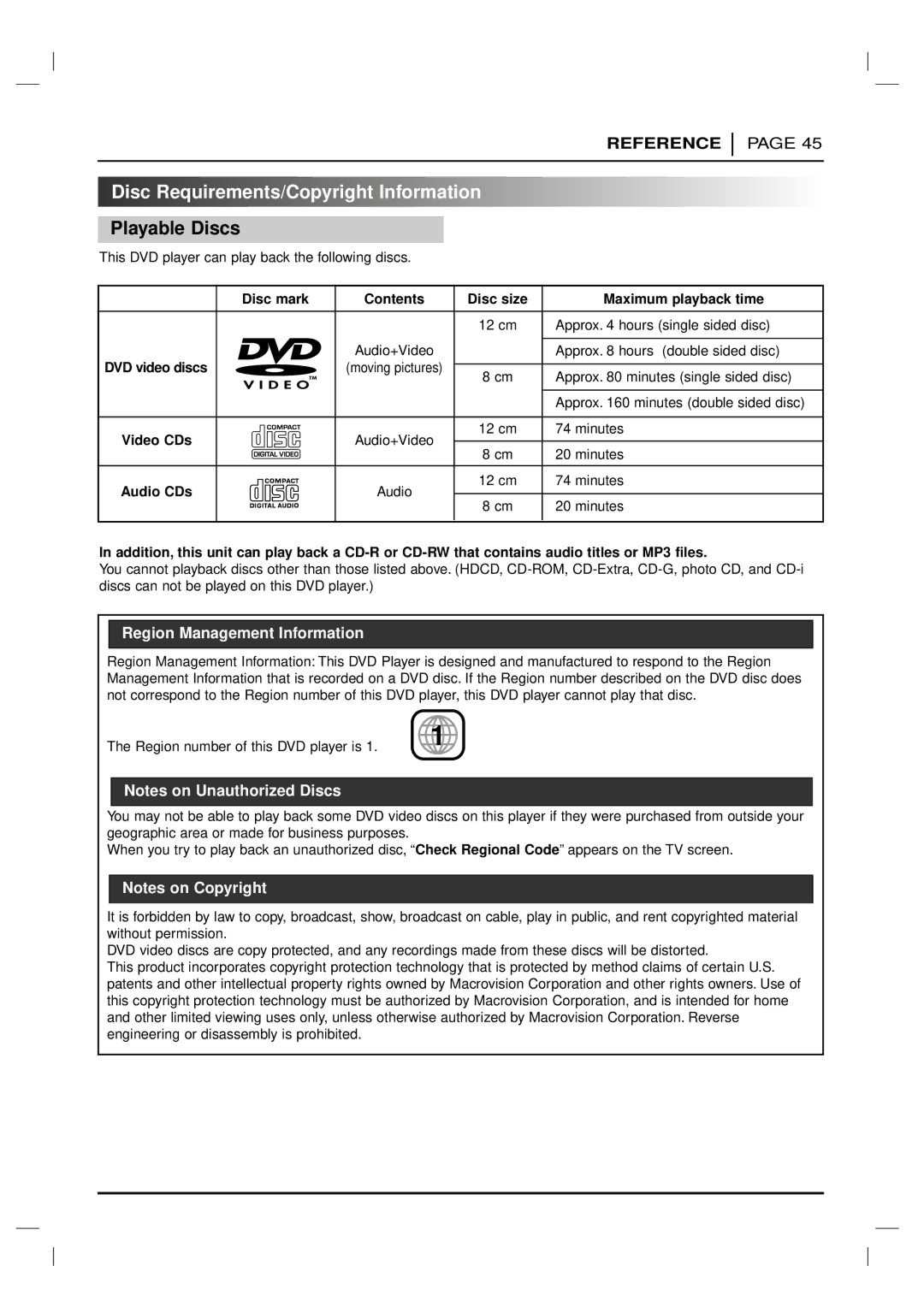 Marantz VC5200 Disc Requirements/Copyright Information, Playable Discs, Disc mark Contents Disc size Maximum playback time 