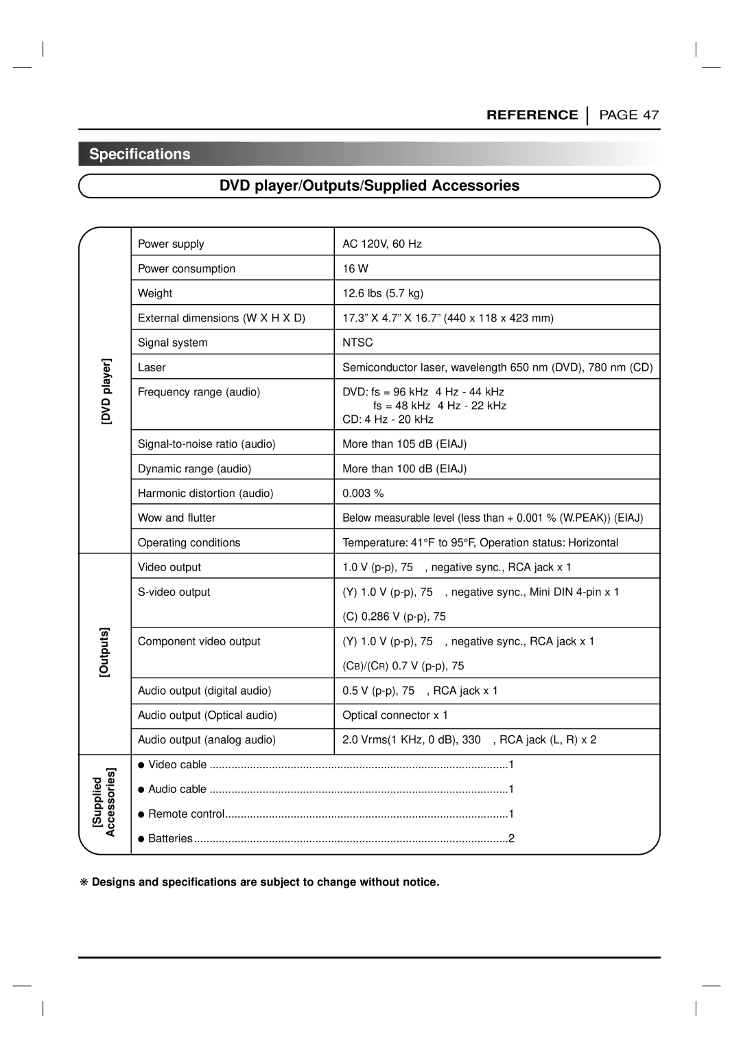 Marantz VC5200 manual Specifications, DVD player/Outputs/Supplied Accessories, DVD player Outputs Supplied Accessories 