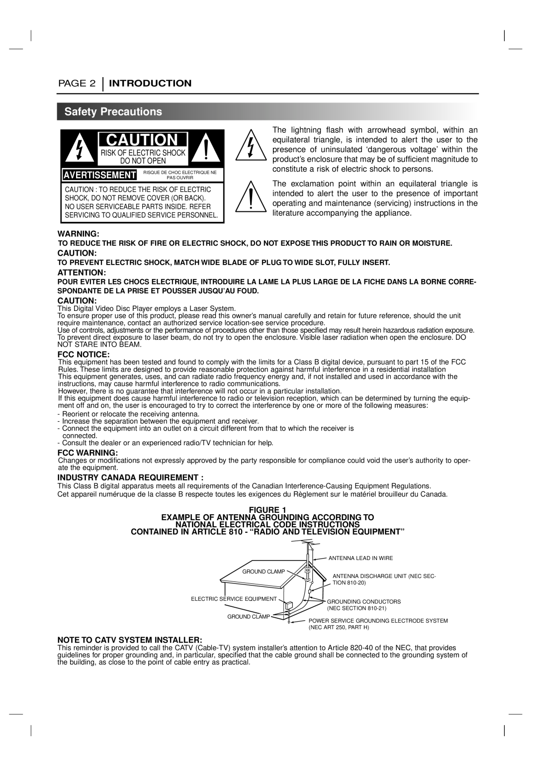 Marantz VC5200 SafetyPrecautions, Page, Introduction, Avertissement, Fcc Notice, Fcc Warning, Industry Canada Requirement 
