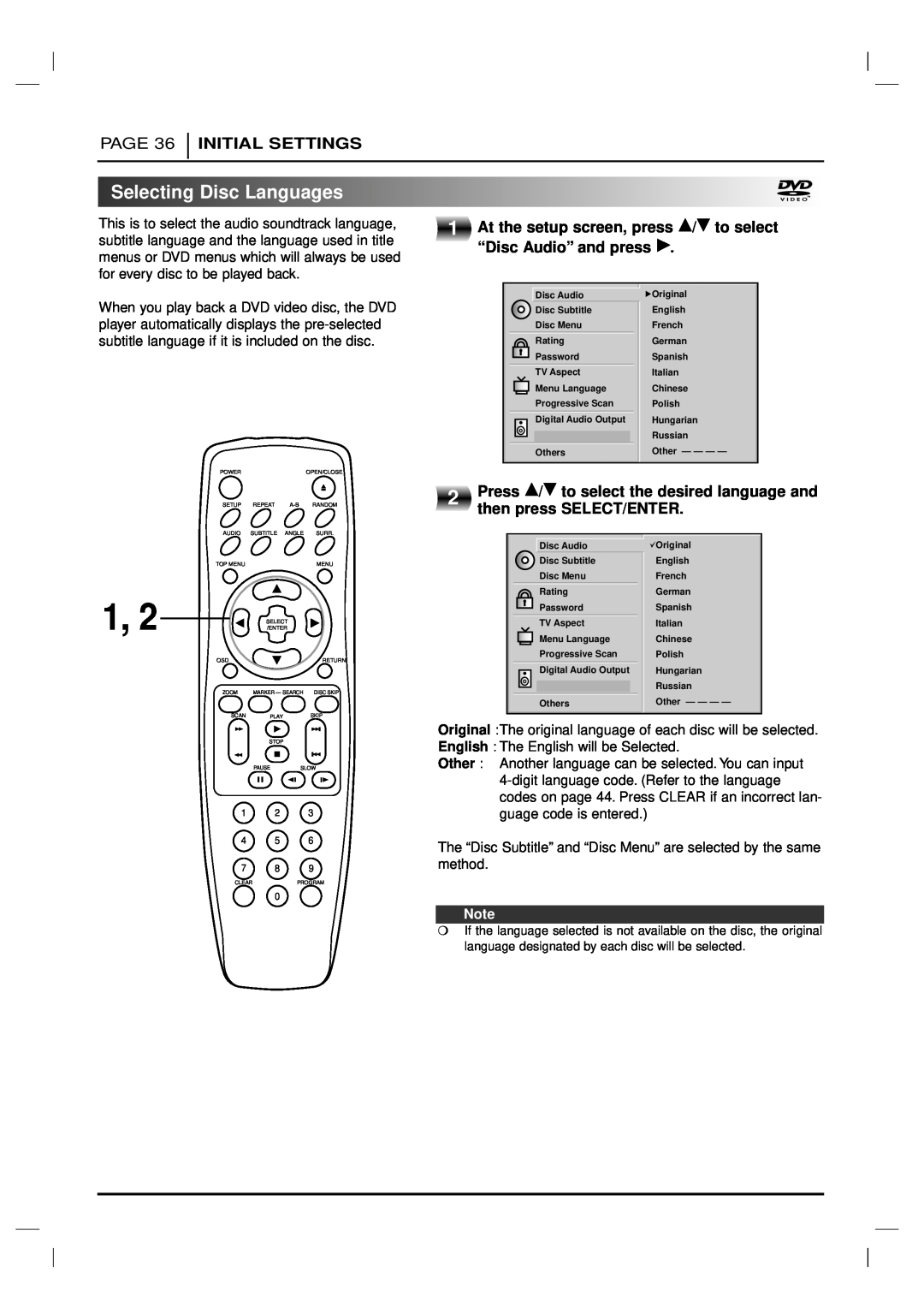 Marantz VC5200 manual SelectingDiscLanguages, At the setup screen, press D/E to select “Disc Audio” and press G, Page 