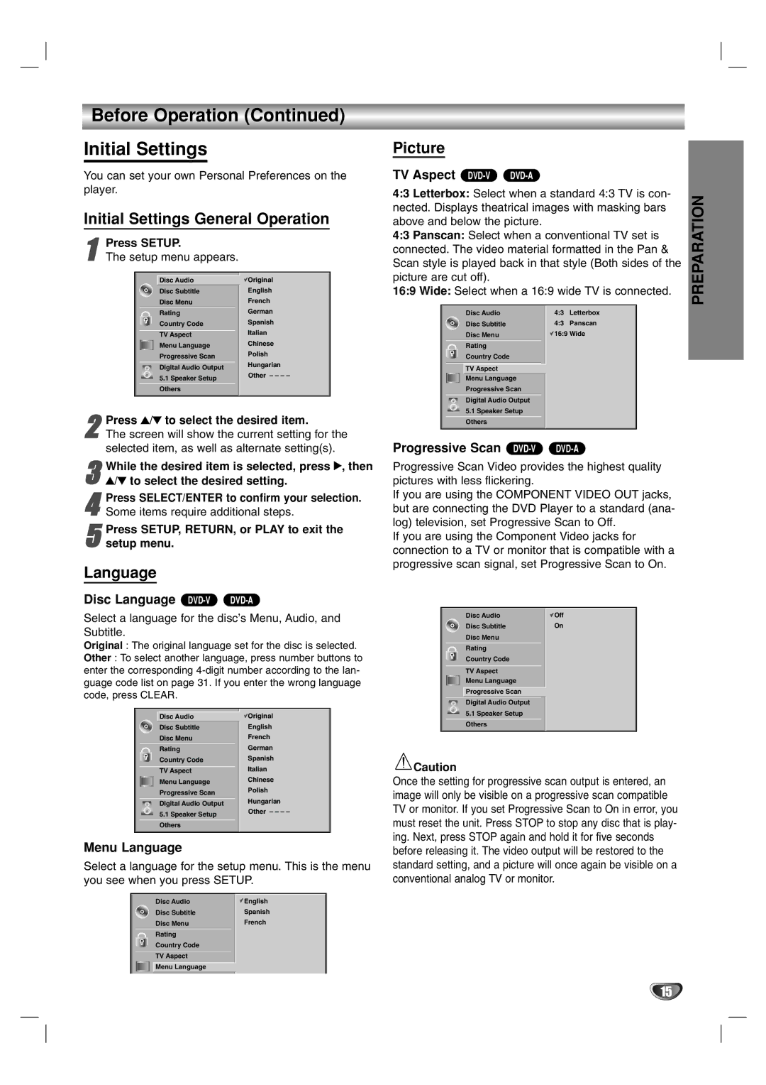 Marantz VC5400 manual Before Operation Initial Settings, Initial Settings General Operation, Language, Picture 