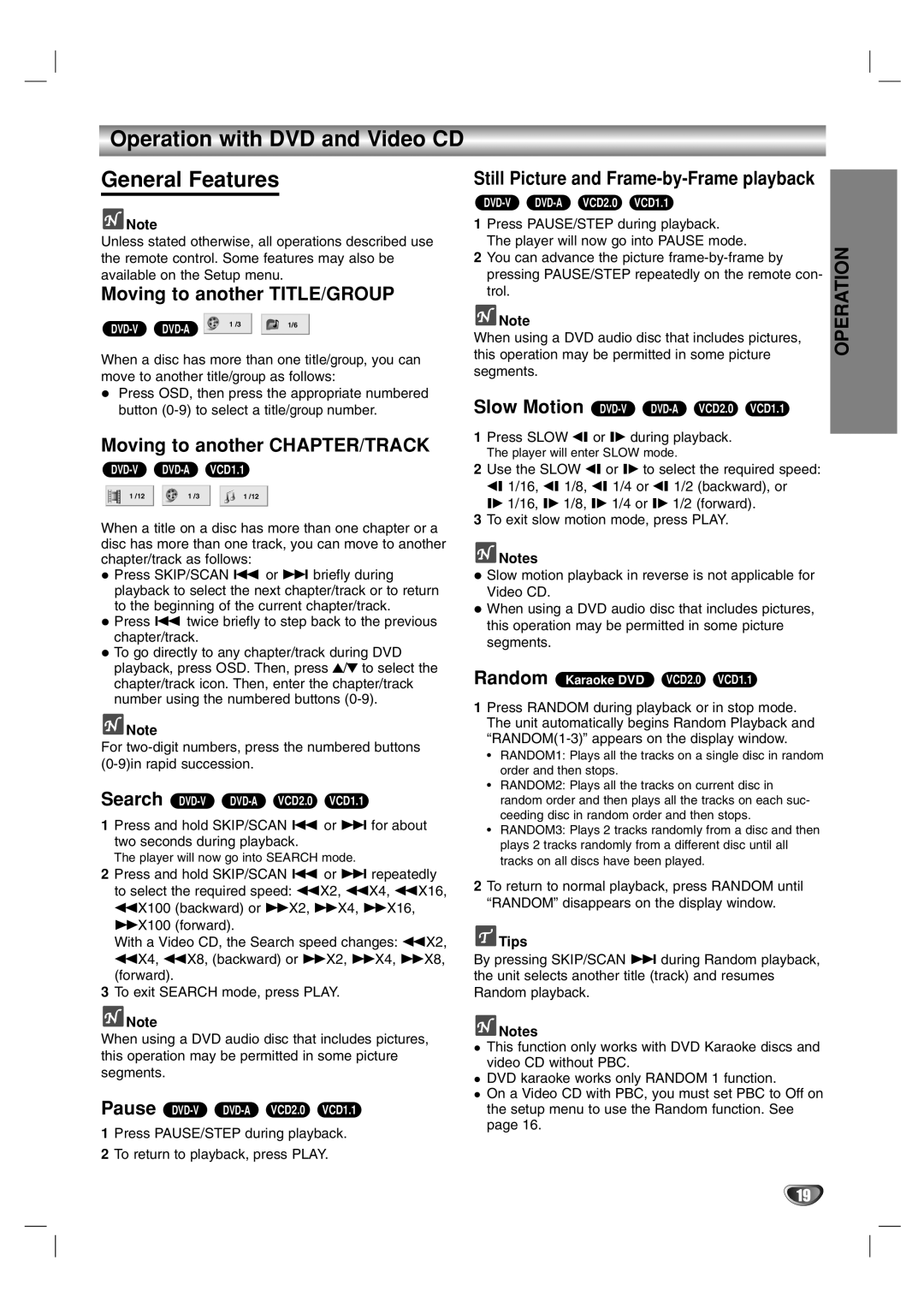 Marantz VC5400 manual Operation with DVD and Video CD General Features, Moving to another TITLE/GROUP 