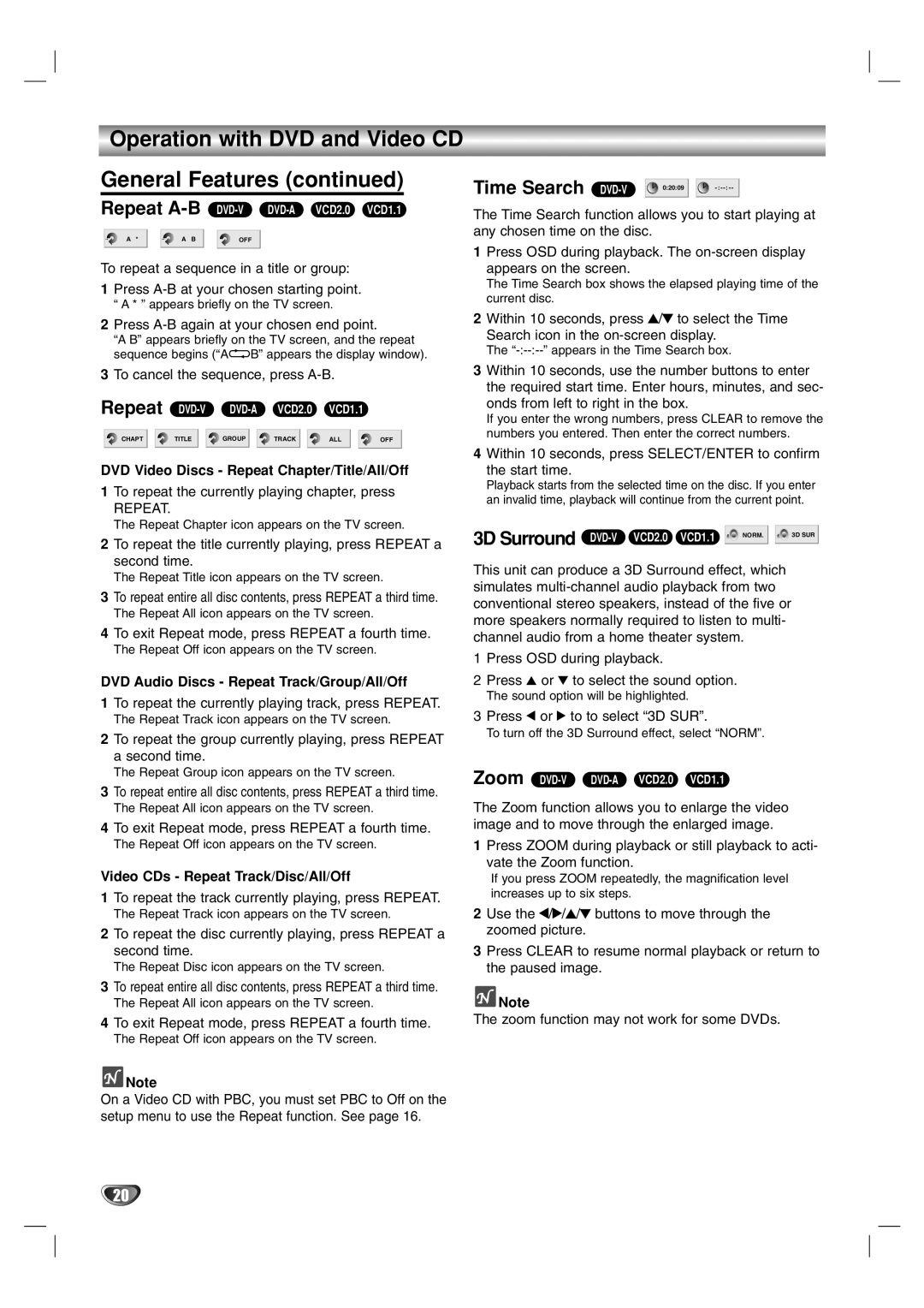 Marantz VC5400 manual Time Search, 3D Surround DVD-V, DVD Video Discs Repeat Chapter/Title/All/Off 