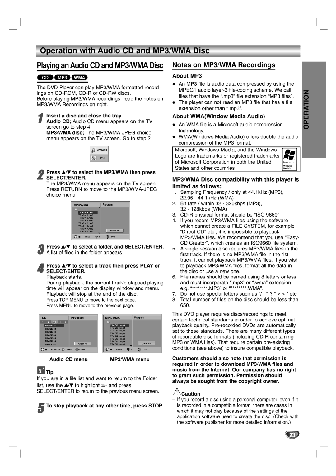 Marantz VC5400 manual Operation with Audio CD and MP3/WMA Disc, About MP3, About WMAWindow Media Audio 