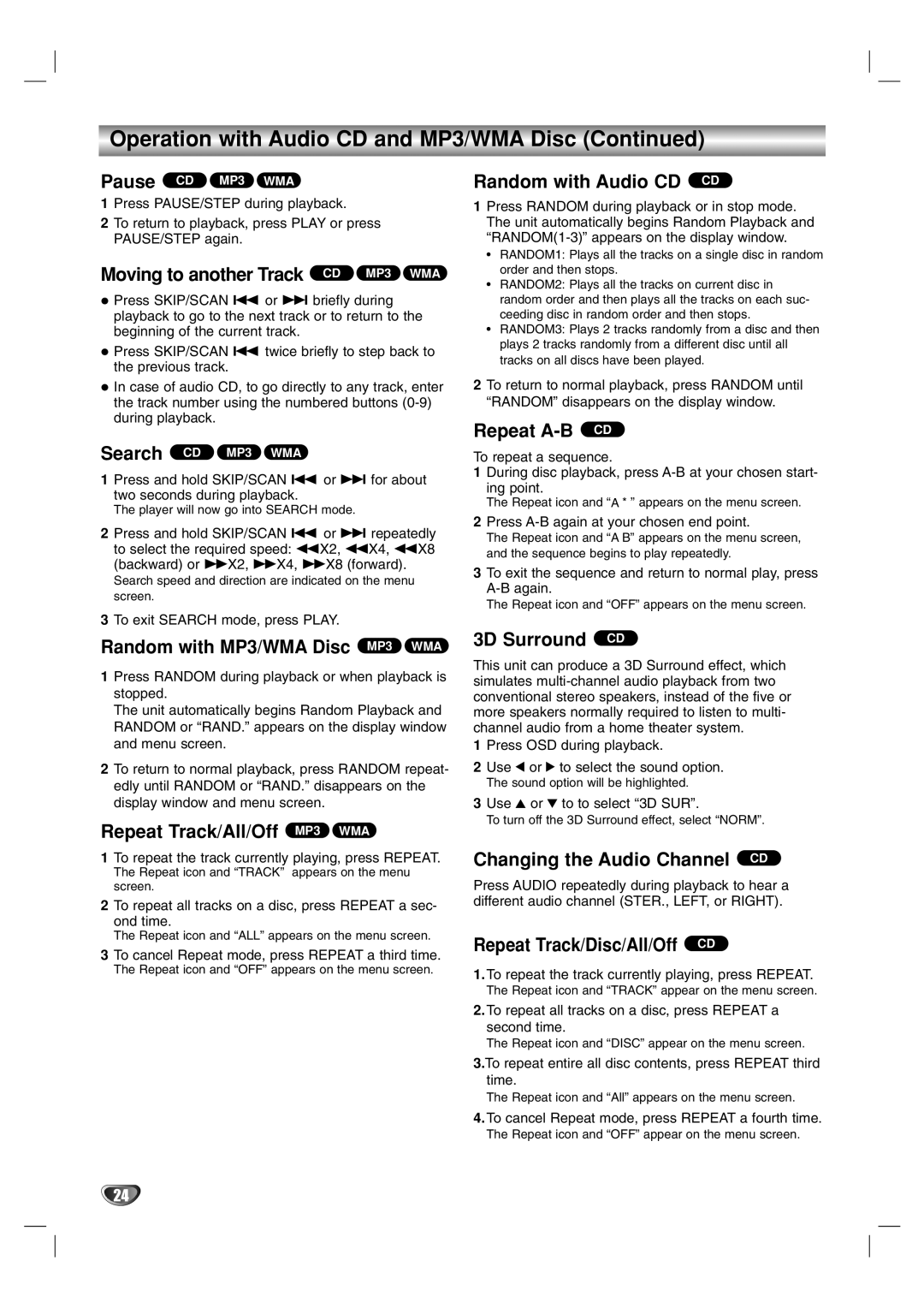 Marantz VC5400 manual Moving to another Track CD MP3 WMA, Random with MP3/WMA Disc MP3 WMA, Repeat Track/All/Off MP3 WMA 