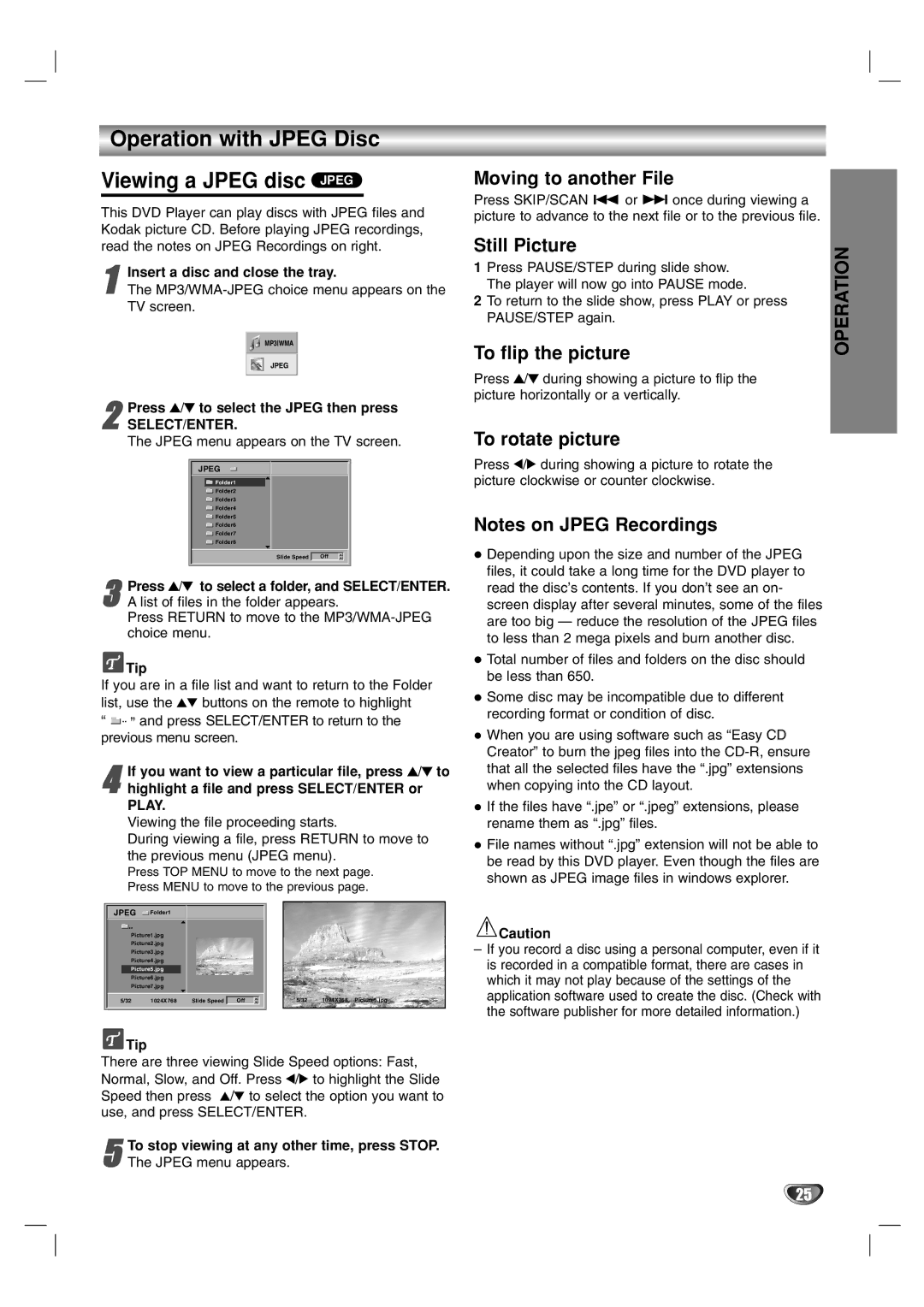 Marantz VC5400 Operation with Jpeg Disc Viewing a Jpeg disc Jpeg, Moving to another File, Still Picture, To rotate picture 