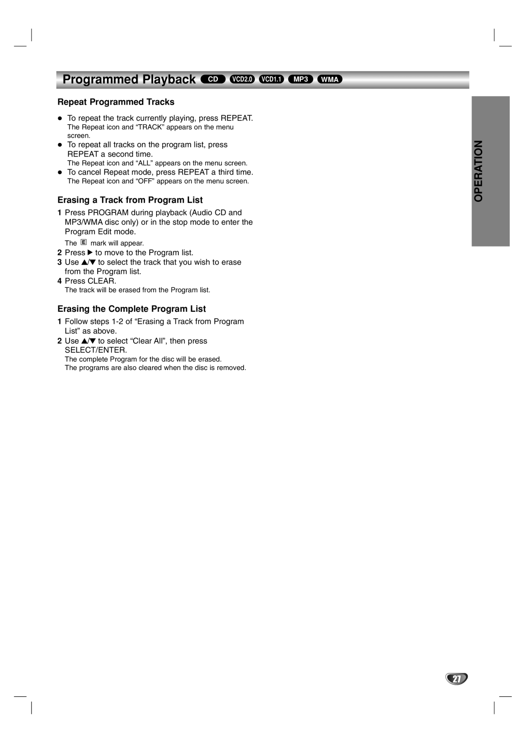 Marantz VC5400 manual Repeat Programmed Tracks, Erasing a Track from Program List, Erasing the Complete Program List 