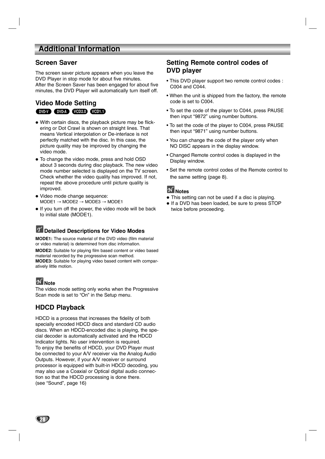 Marantz VC5400 manual Additional Information, Screen Saver, Video Mode Setting, Hdcd Playback 