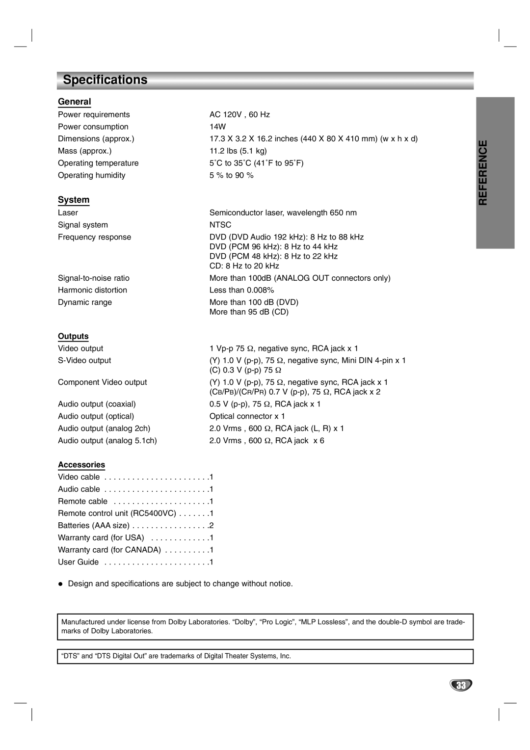 Marantz VC5400 manual Specifications, General, System, Outputs, Accessories 