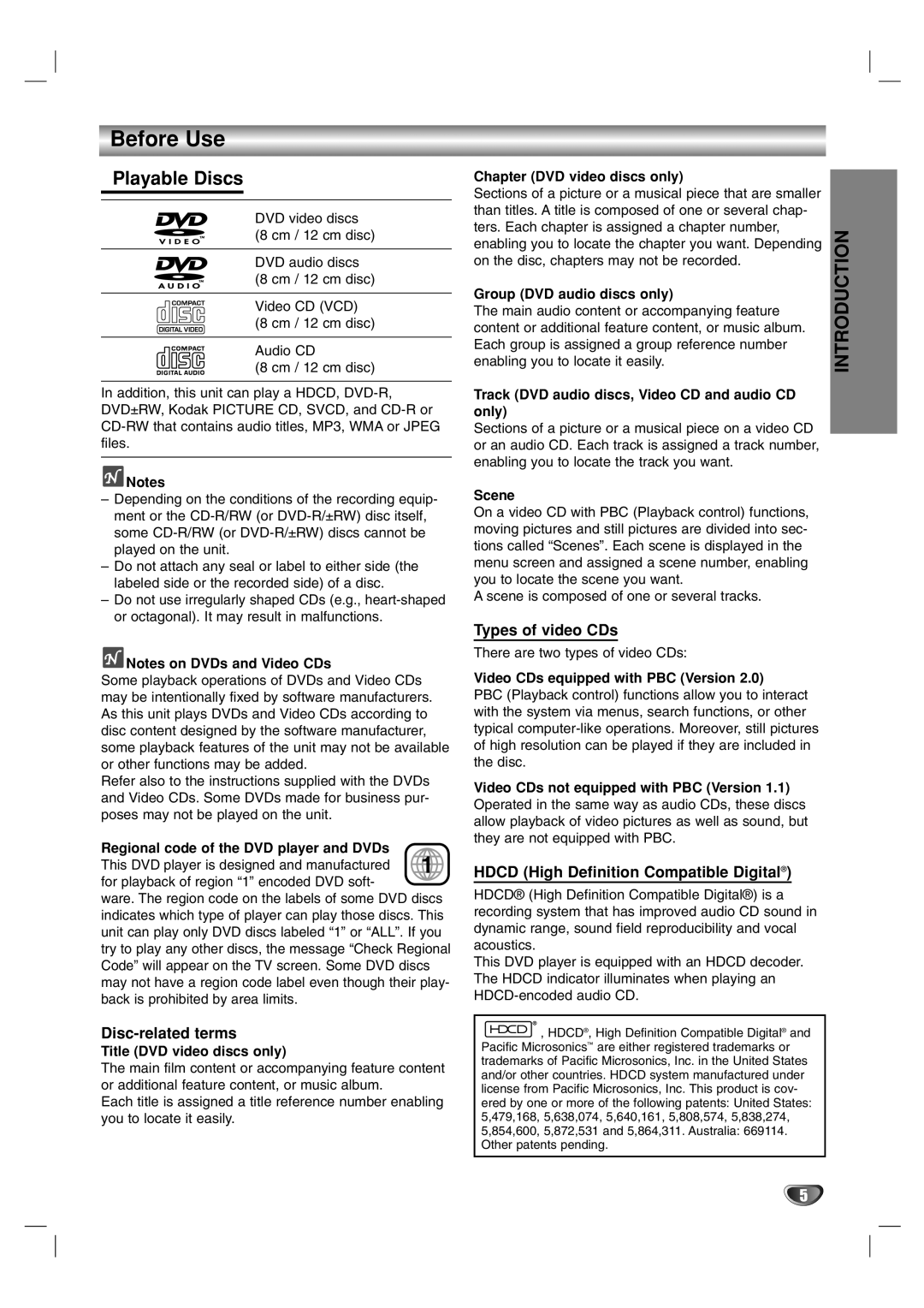 Marantz VC5400 Before Use, Playable Discs, Disc-related terms, Types of video CDs, Hdcd High Definition Compatible Digital 