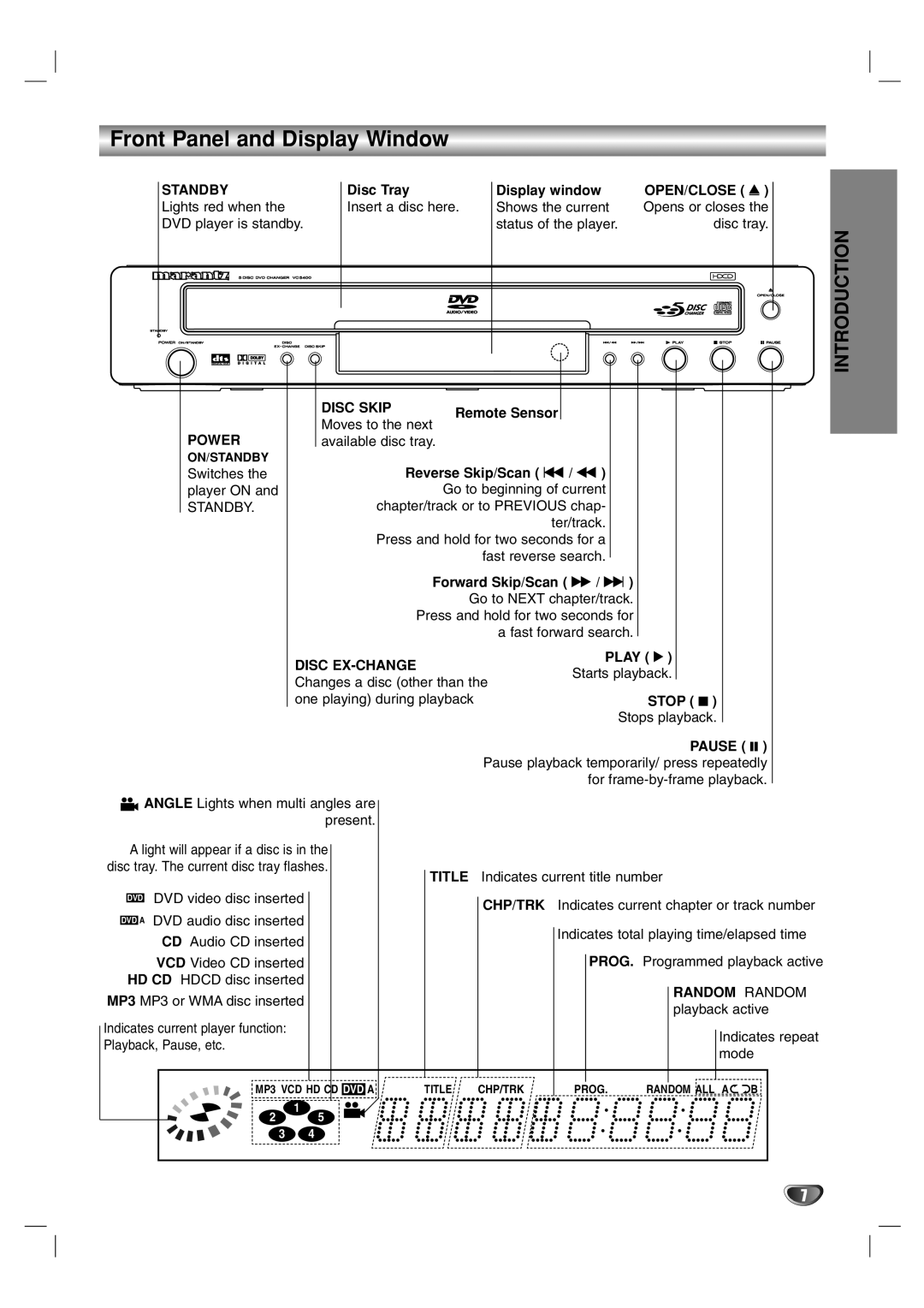 Marantz VC5400 manual Front Panel and Display Window, Disc Tray Display window, Remote Sensor, Play 