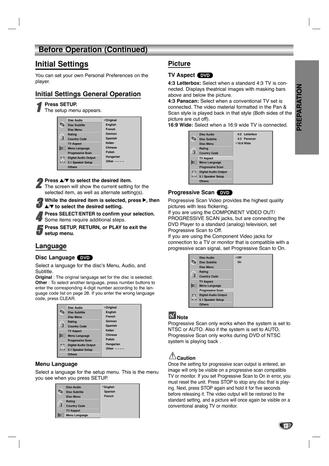 Marantz VC5400/PMD970 manual Before Operation Initial Settings, Initial Settings General Operation, Language, Picture 