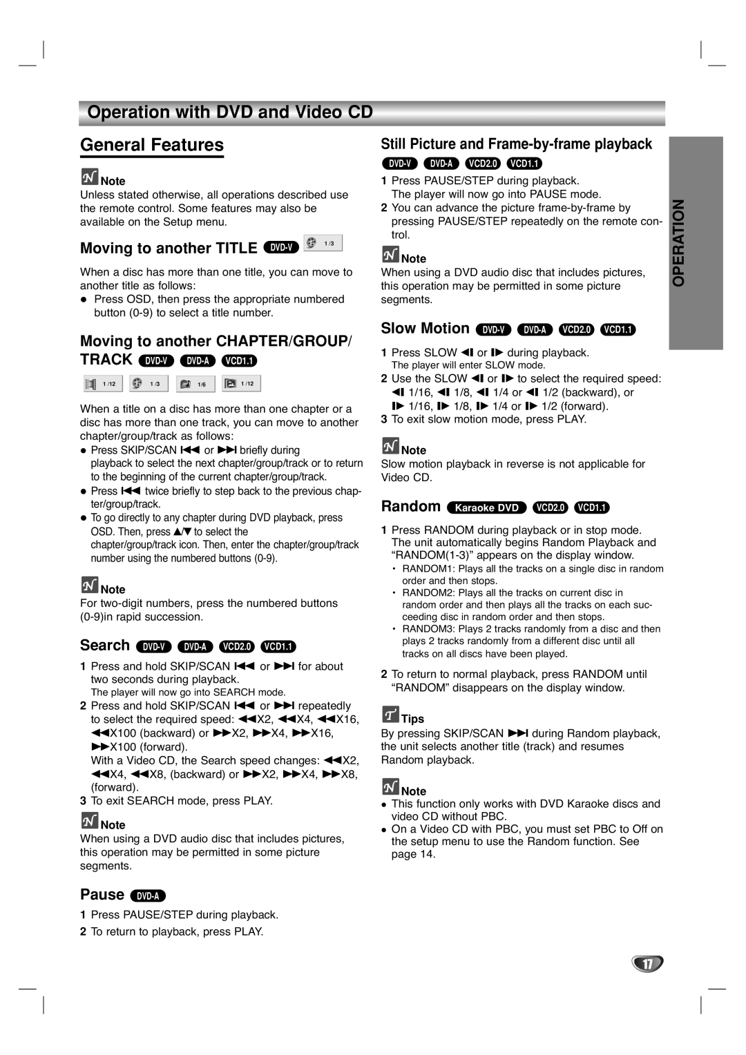 Marantz VC5400/PMD970 Operation with DVD and Video CD General Features, Moving to another Title DVD-V 1 /3, Pause DVD-A 