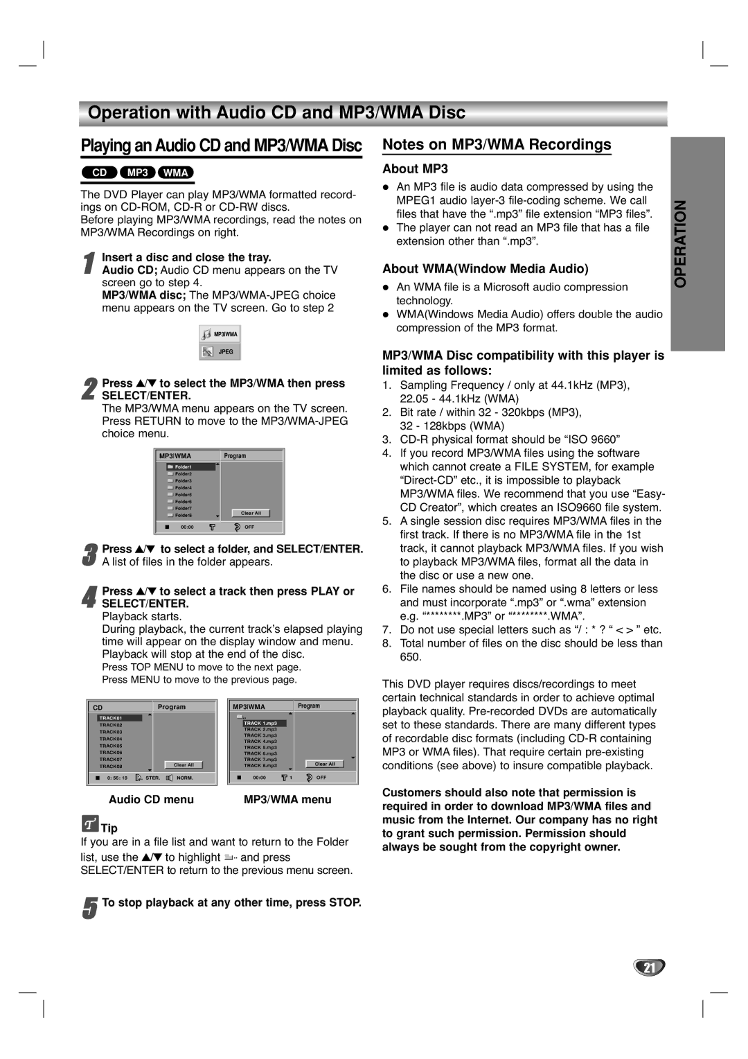 Marantz VC5400/PMD970 manual Operation with Audio CD and MP3/WMA Disc, About MP3, About WMAWindow Media Audio, Select/Enter 