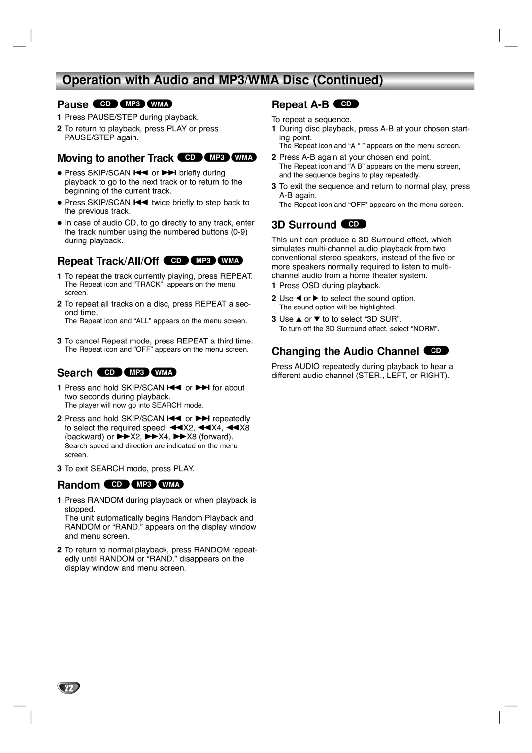 Marantz VC5400/PMD970 manual Operation with Audio and MP3/WMA Disc 