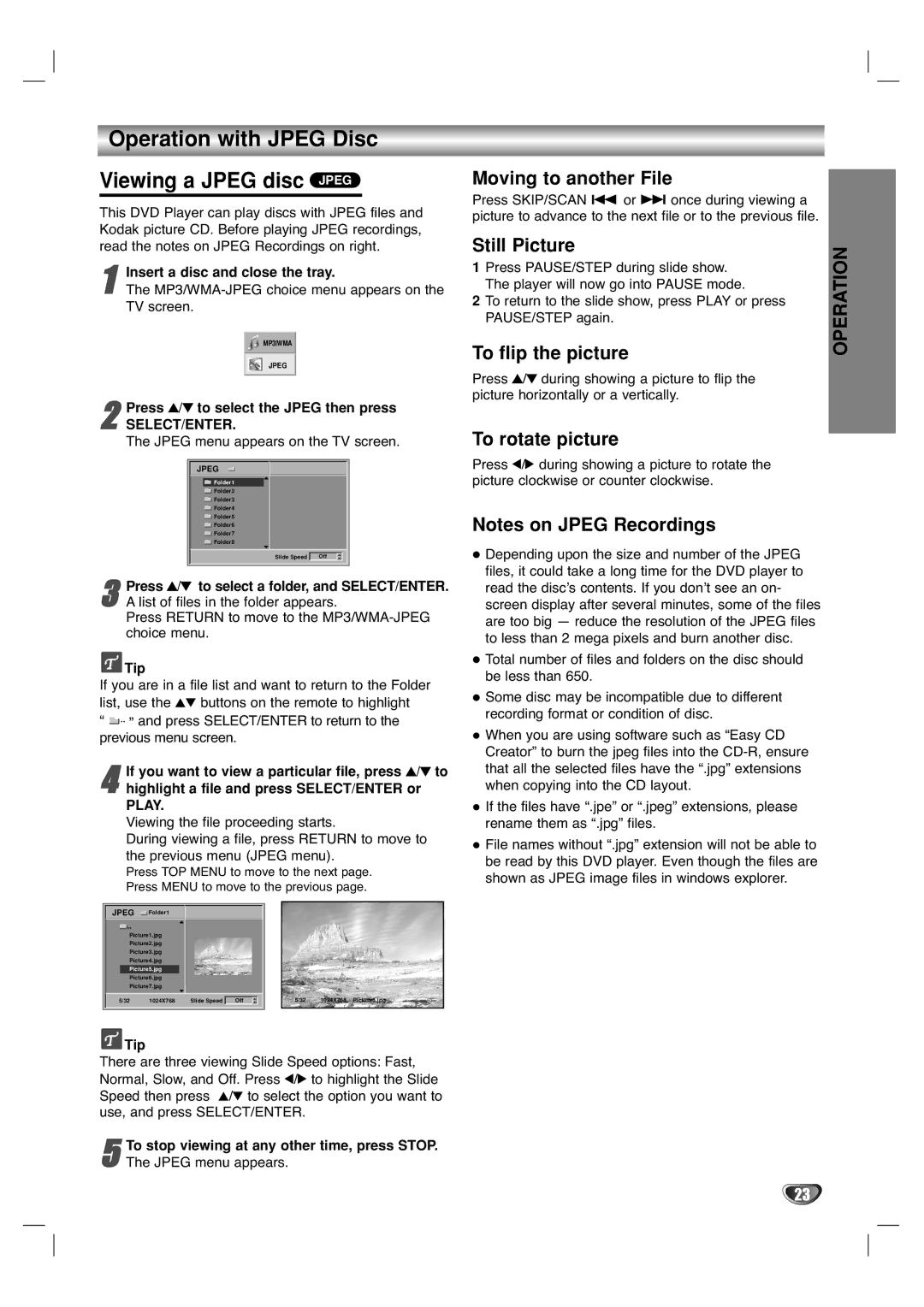 Marantz VC5400/PMD970 manual Operation with Jpeg Disc Viewing a Jpeg disc Jpeg, Moving to another File, Still Picture 