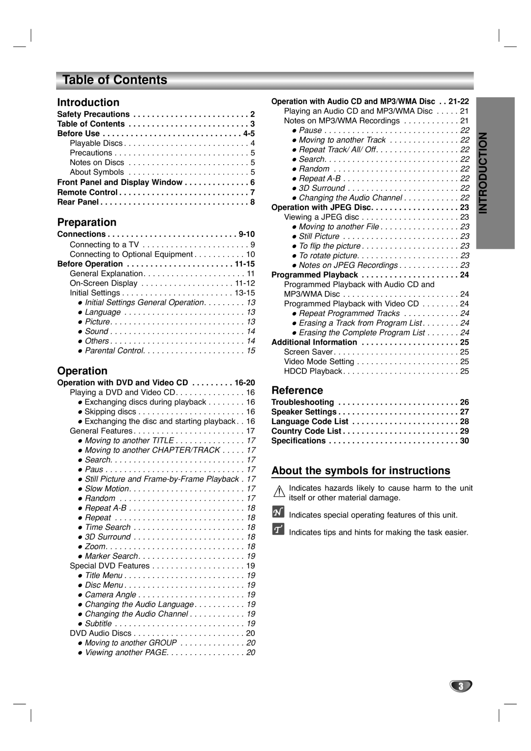 Marantz VC5400/PMD970 manual Table of Contents 