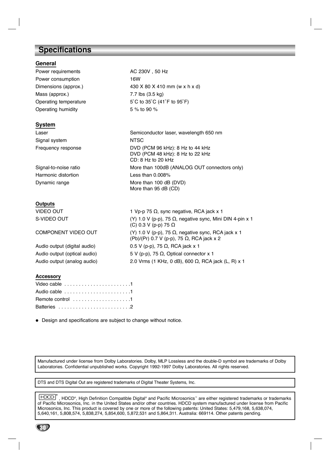 Marantz VC5400/PMD970 manual Specifications, General, System, Outputs, Accessory 