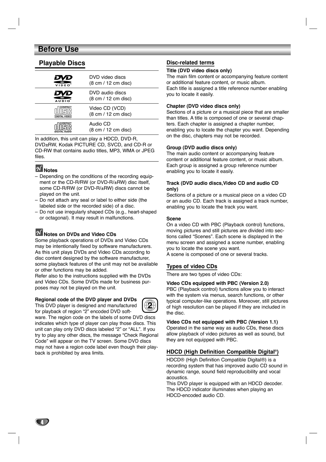 Marantz VC5400/PMD970 manual Before Use, Playable Discs, Disc-related terms, Types of video CDs 