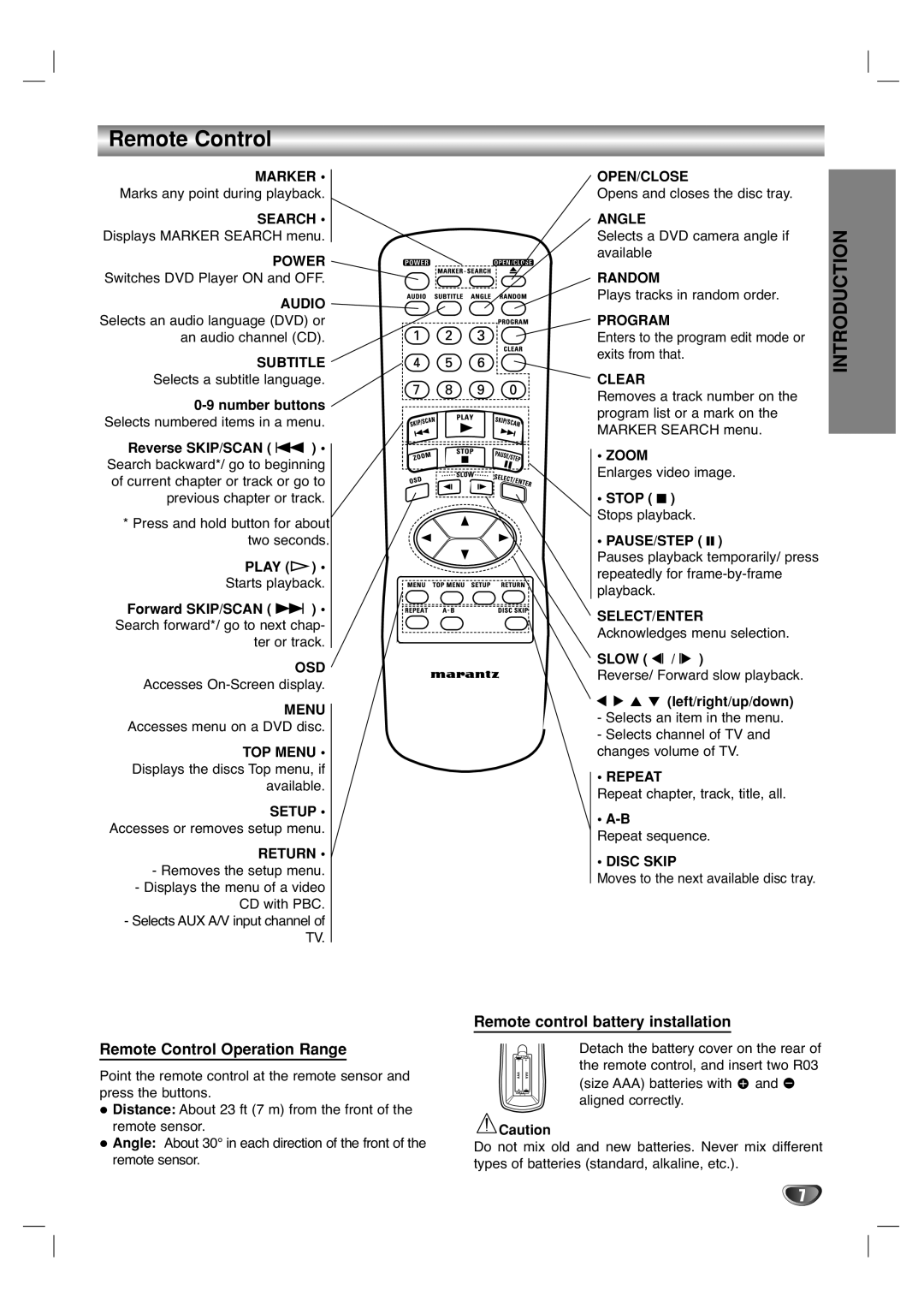 Marantz VC5400/PMD970 manual Remote Control Operation Range, Remote control battery installation 