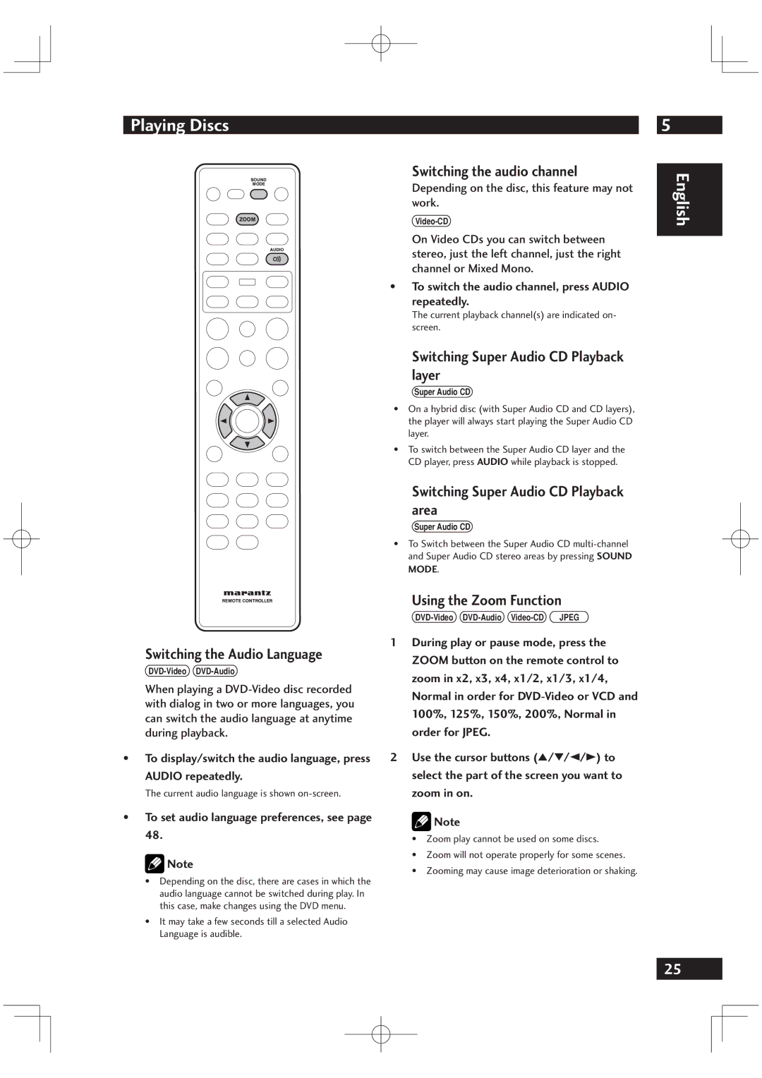 Marantz VC6001 manual Switching the Audio Language, Switching the audio channel, Switching Super Audio CD Playback layer 