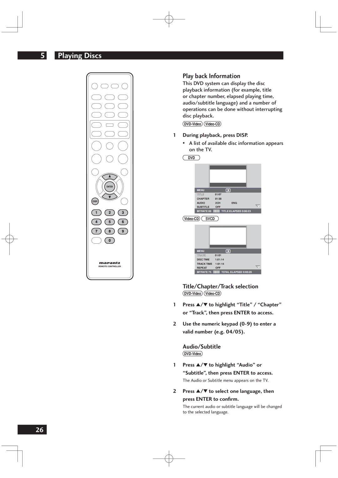 Marantz VC6001 manual Play back Information, Title/Chapter/Track selection, Audio/Subtitle, During playback, press Disp 