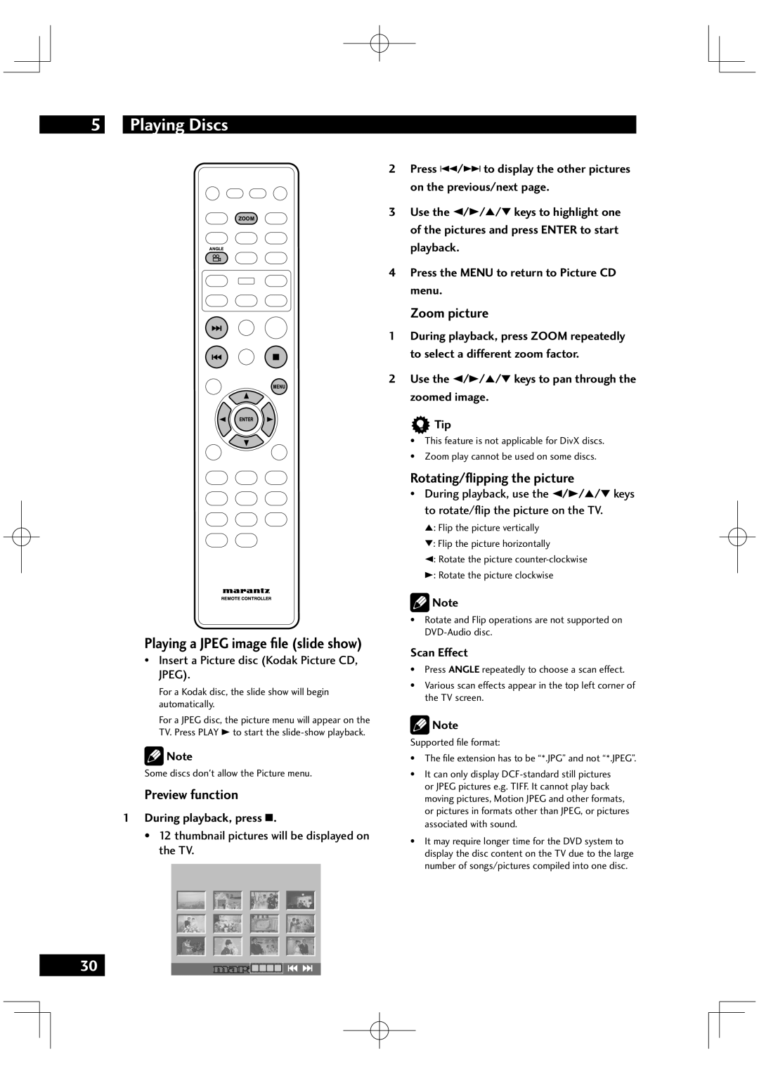 Marantz VC6001 manual Preview function, Zoom picture, Rotating/ﬂipping the picture 