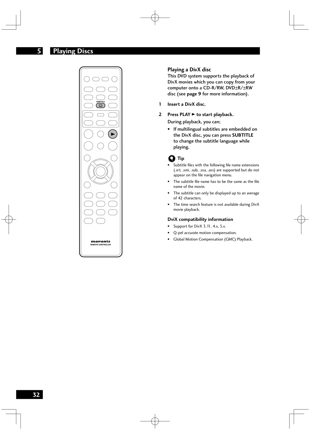 Marantz VC6001 Playing a DivX disc, Insert a DivX disc Press Play 3 to start playback, DviX compatibility information 