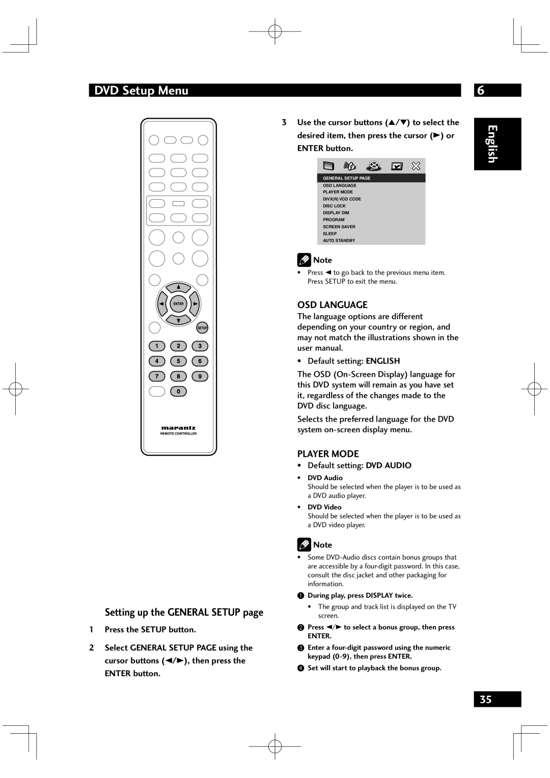 Marantz VC6001 manual OSD Language, Player Mode, Setting up the General Setup Press the Setup button, Enter button 