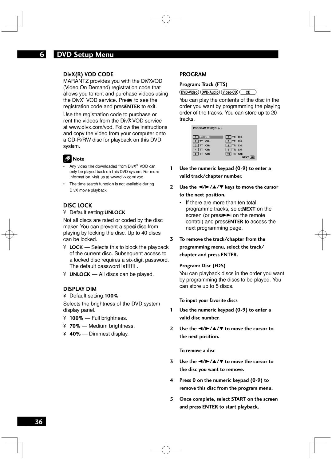 Marantz VC6001 manual DivXR VOD Code, Disc Lock, Display DIM, Program 