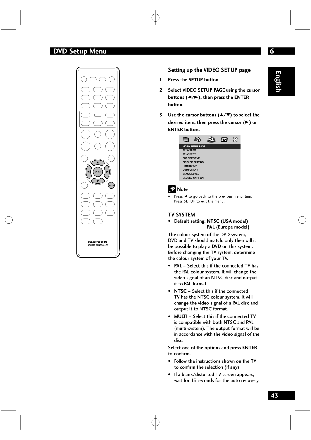 Marantz VC6001 manual Setting up the Video Setup, TV System, Default setting Ntsc USA model, PAL Europe model 