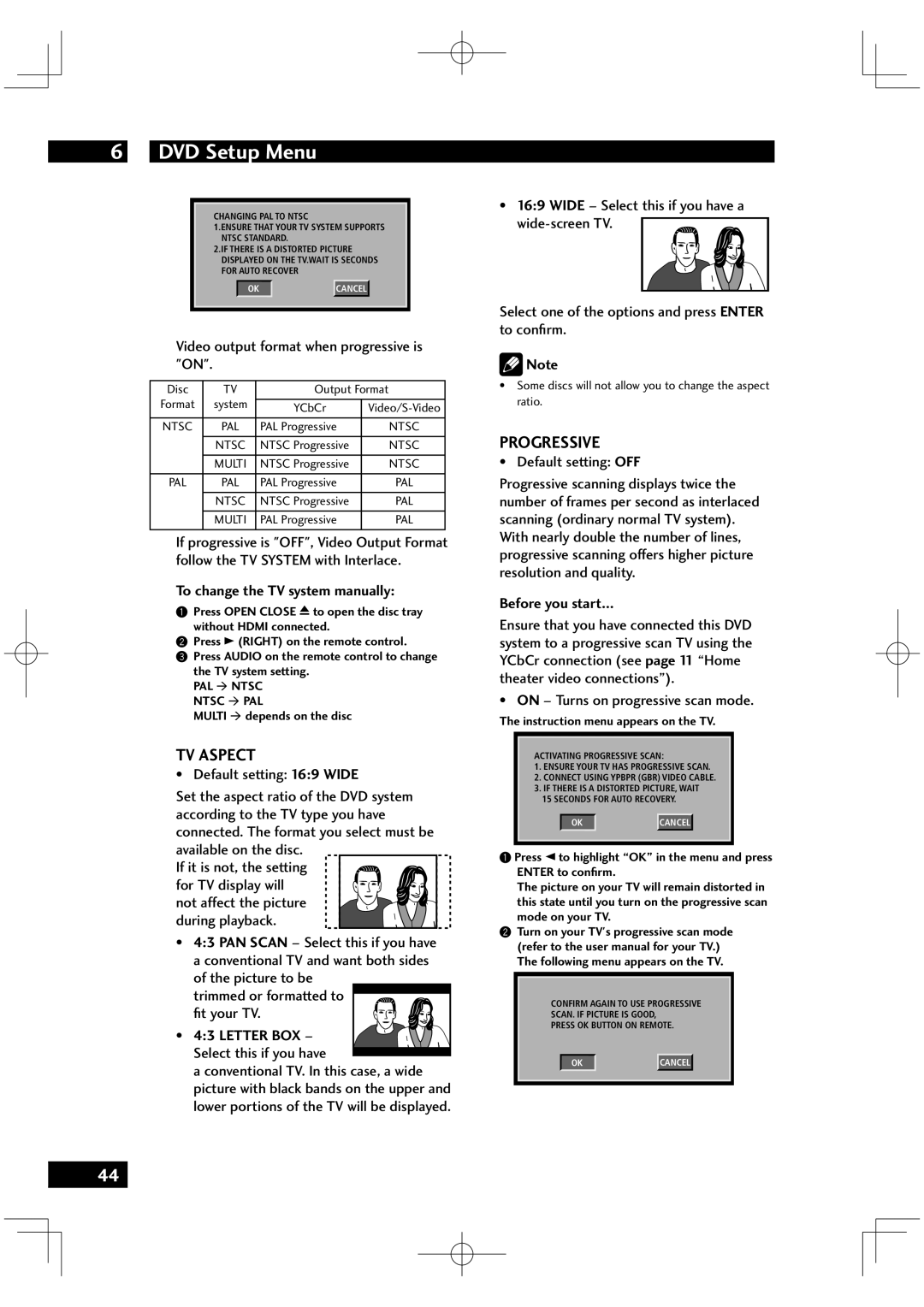 Marantz VC6001 TV Aspect, Progressive, To change the TV system manually 