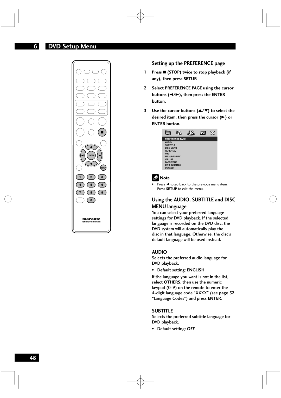 Marantz VC6001 manual Setting up the Preference, Using the AUDIO, Subtitle and Disc Menu language, Audio 