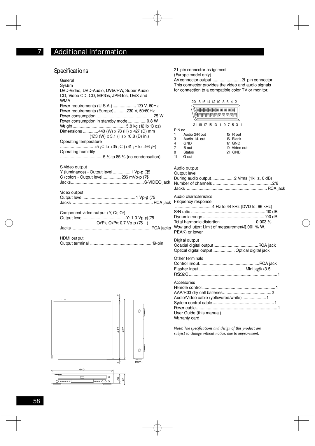 Marantz VC6001 manual Speciﬁcations 