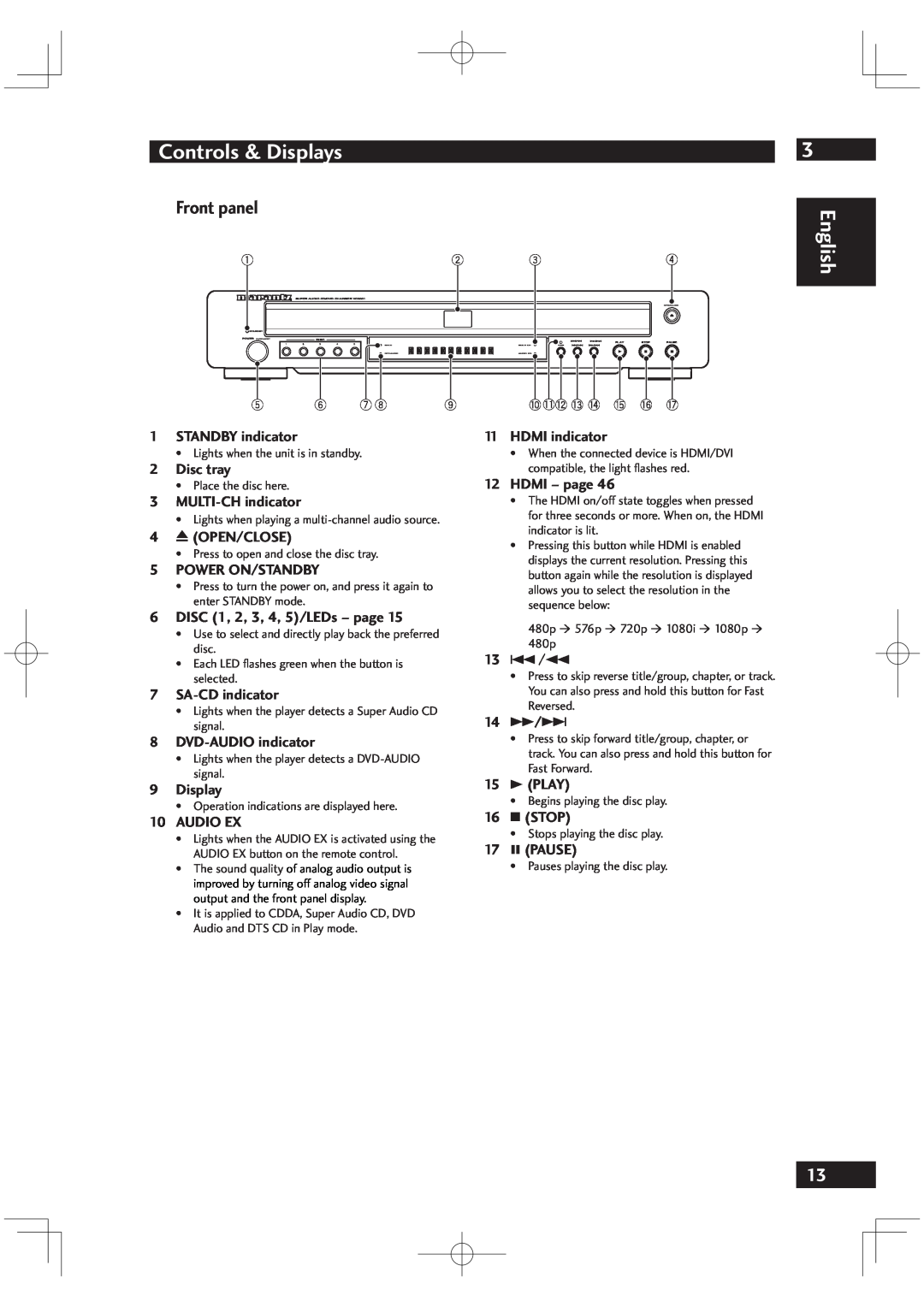 Marantz VC6001 Controls & Displays, Front panel, STANDBY indicator, Disc tray, MULTI-CH indicator, 4 0 OPEN/CLOSE, English 