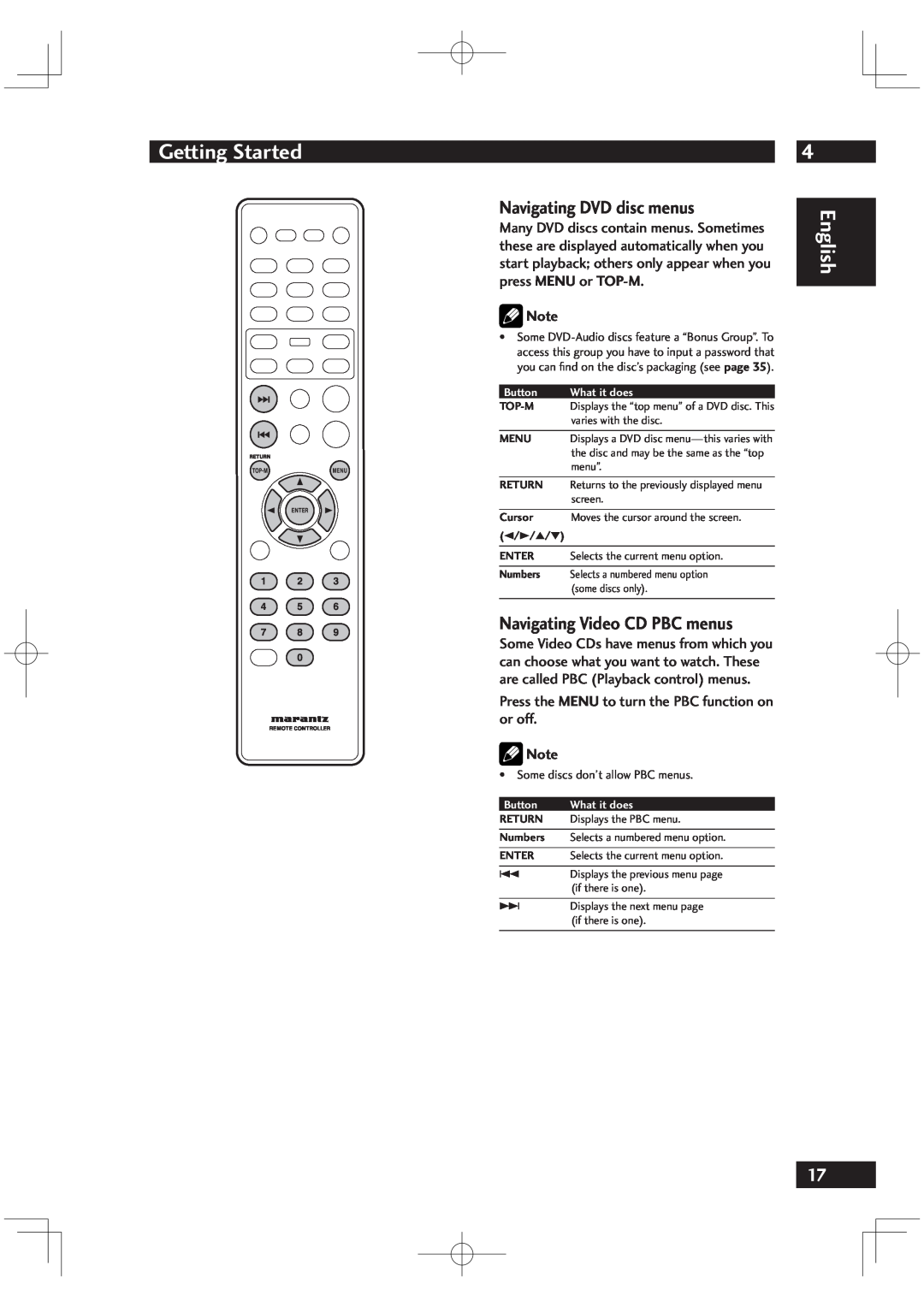Marantz VC6001 manual Navigating DVD disc menus, Navigating Video CD PBC menus, Getting Started, English 