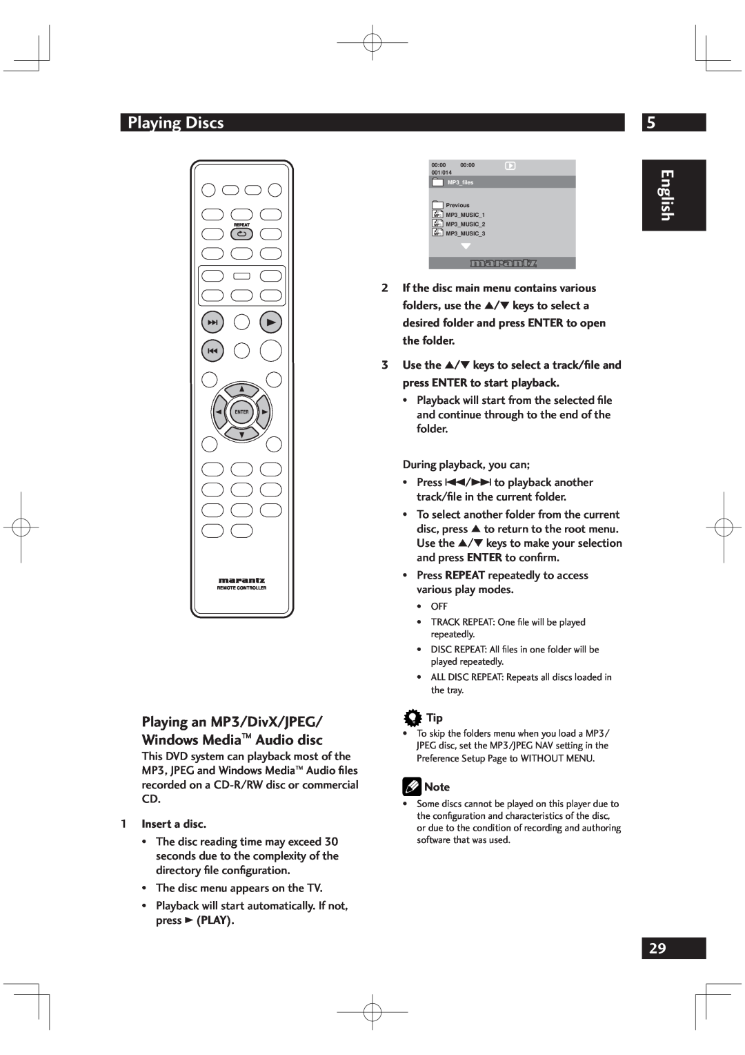 Marantz VC6001 manual Playing an MP3/DivX/JPEG/ Windows Media Audio disc, Insert a disc, Playing Discs, English 