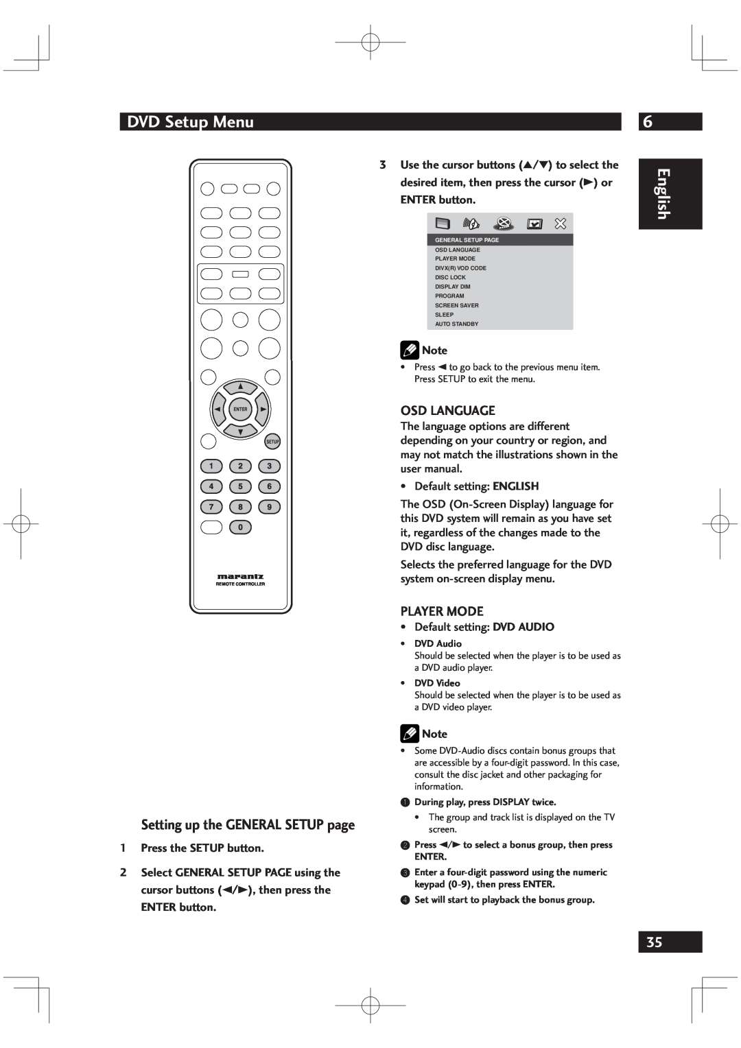 Marantz VC6001 manual DVD Setup Menu, Osd Language, Player Mode, Setting up the GENERAL SETUP page 1 Press the SETUP button 