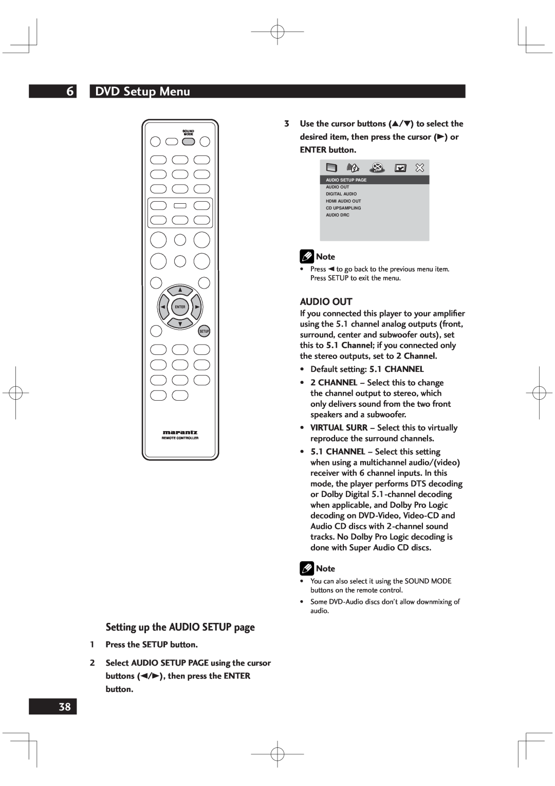 Marantz VC6001 manual Setting up the AUDIO SETUP page, Audio Out, Press the SETUP button, DVD Setup Menu, ENTER button 