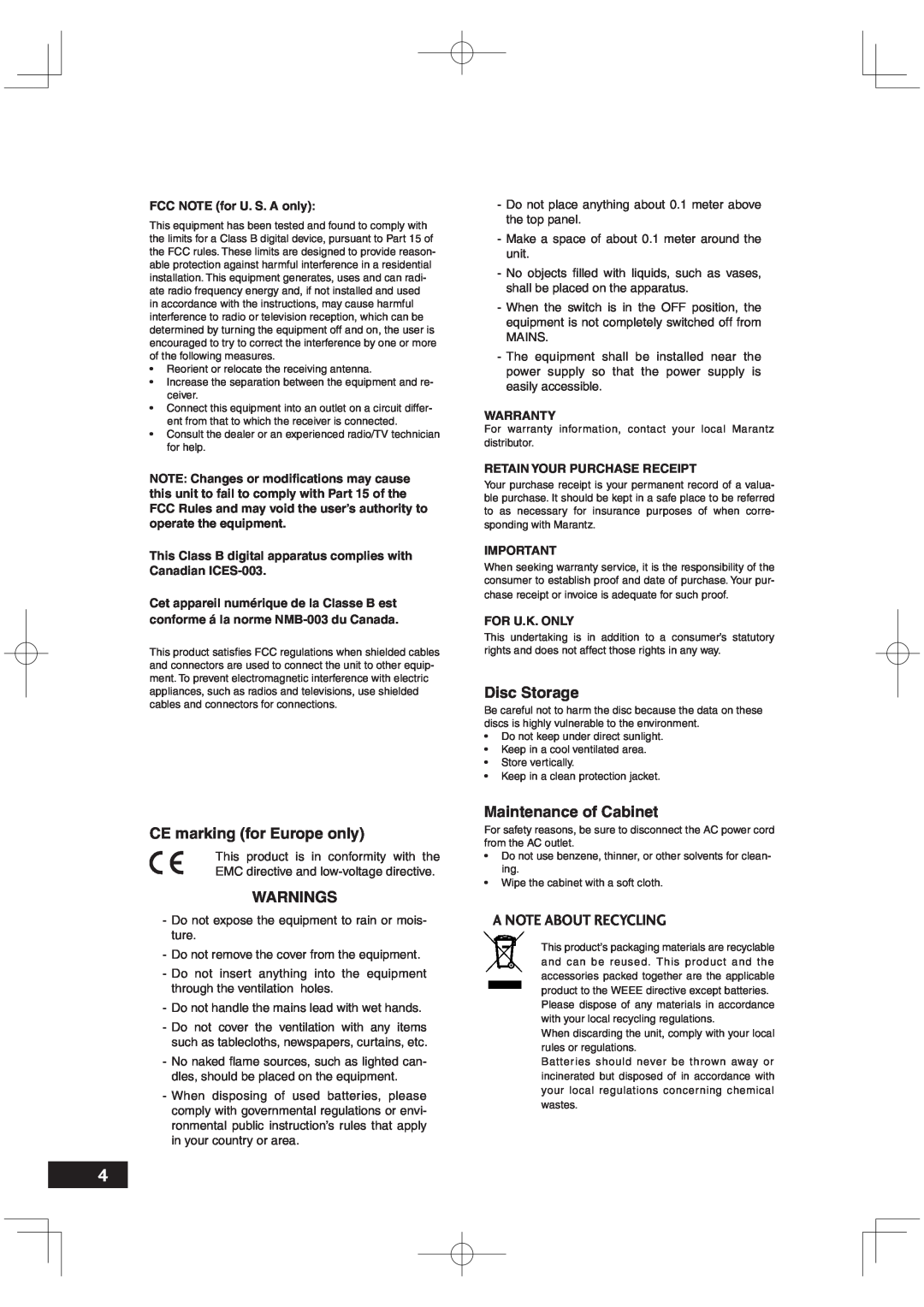 Marantz VC6001 manual CE marking for Europe only, Warnings, Disc Storage, Maintenance of Cabinet, A Note About Recycling 