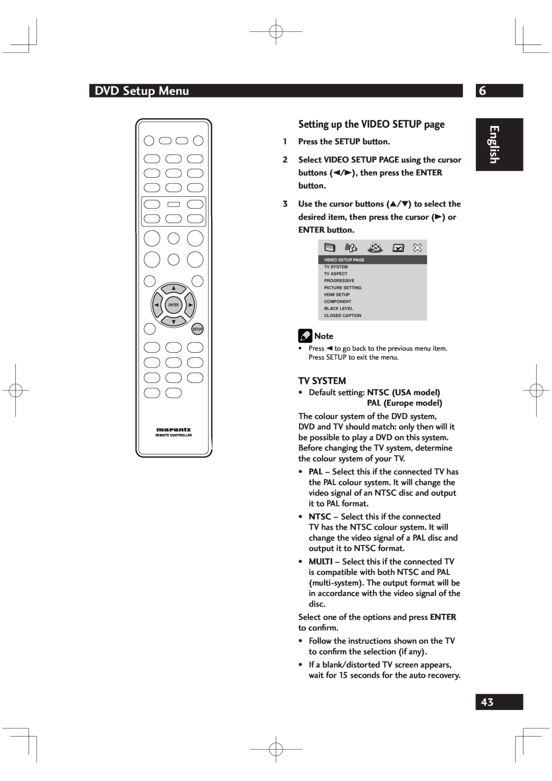 Marantz VC6001 manual Setting up the VIDEO SETUP page, Tv System, PAL Europe model, DVD Setup Menu, English, ENTER button 