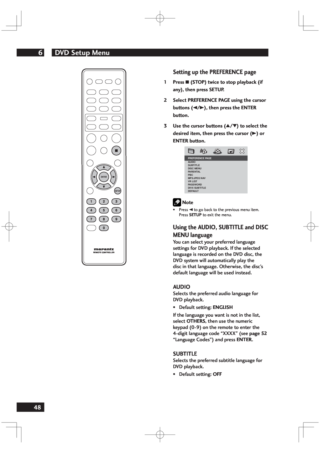 Marantz VC6001 manual Setting up the PREFERENCE page, Using the AUDIO, SUBTITLE and DISC MENU language, Audio, Subtitle 