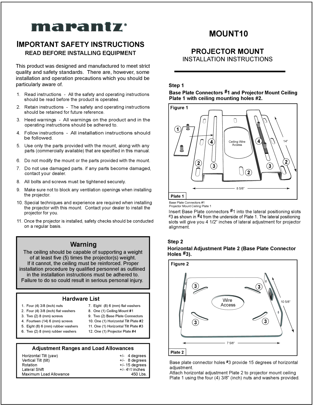 Marantz VP-10S1 manual Important Safety Instructions, Adjustment Ranges and Load Allowances 