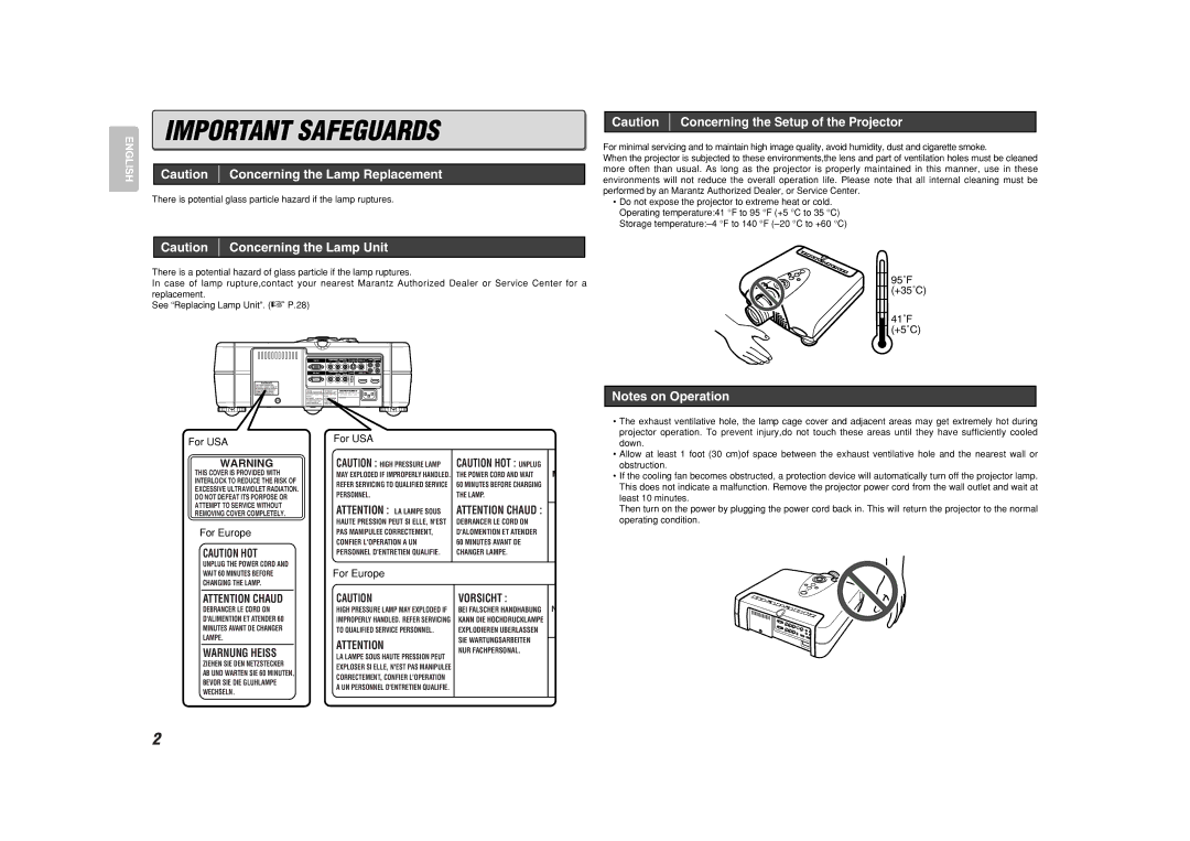 Marantz VP-11S1 manual Important Safeguards, Warnung Heiss, Vorsicht 